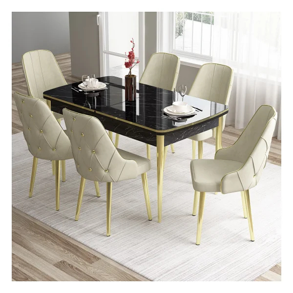 Canisa Concept Tia Serisi, Siyah Mermer Desen 80X132 Açılabilir Mdf Yemek Odası Takımı 6 Sandalye Gold Detay - Mürdüm - Görsel 7