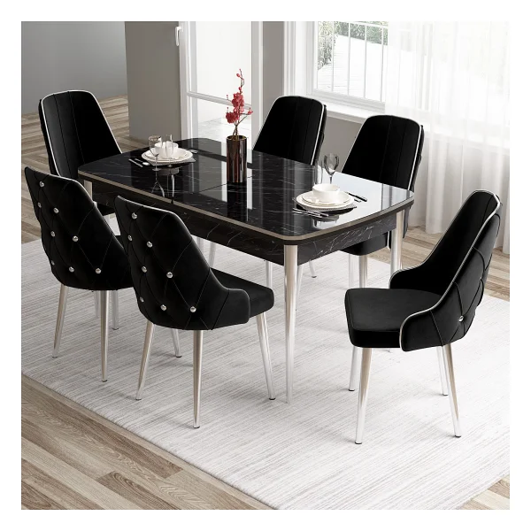 Canisa Concept Tia Serisi, Siyah Mermer Desen 80X132 Açılabilir Mdf Yemek Odası Takımı 6 Sandalye Gümüş Detay - Görsel 7
