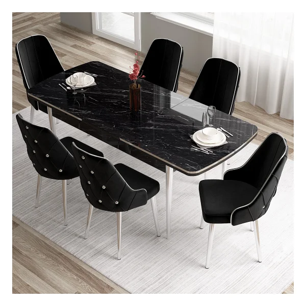 Canisa Concept Tia Serisi, Siyah Mermer Desen 80X132 Açılabilir Mdf Yemek Odası Takımı 6 Sandalye Gümüş Detay - Görsel 2