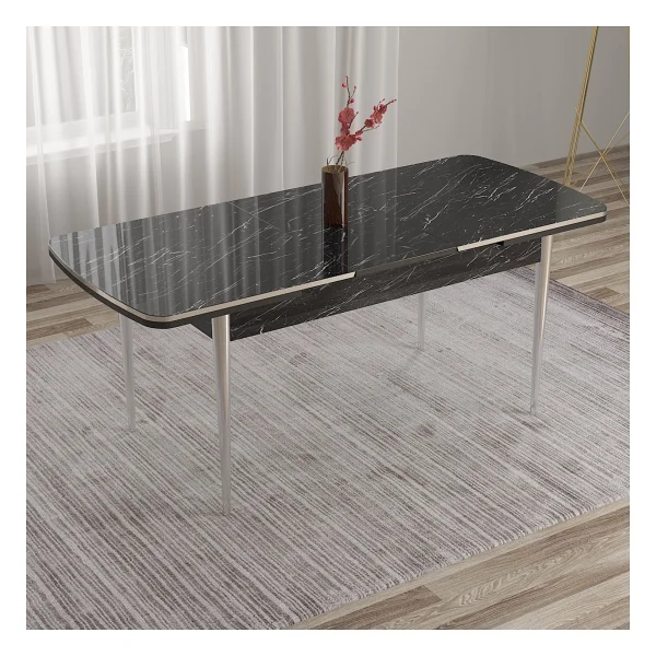 Canisa Concept Tia Serisi, Siyah Mermer Desen 80X132 Açılabilir Mdf Yemek Odası Takımı 6 Sandalye Gümüş Detay - Görsel 4