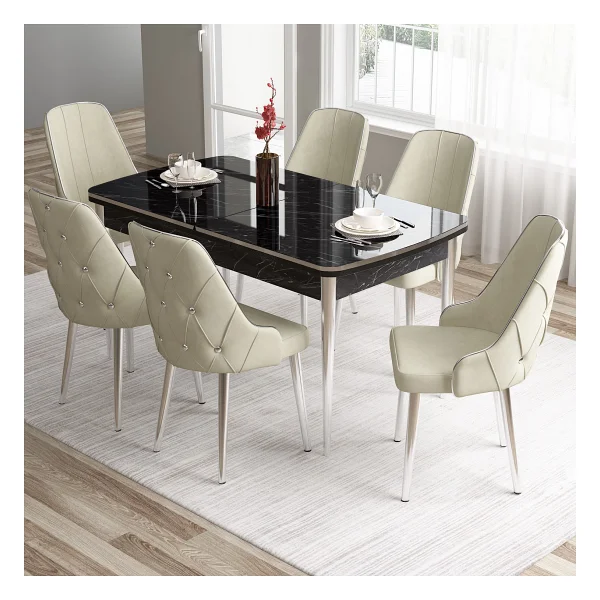 Canisa Concept Tia Serisi, Siyah Mermer Desen 80X132 Açılabilir Mdf Yemek Odası Takımı 6 Sandalye Gümüş Detay - Görsel 8