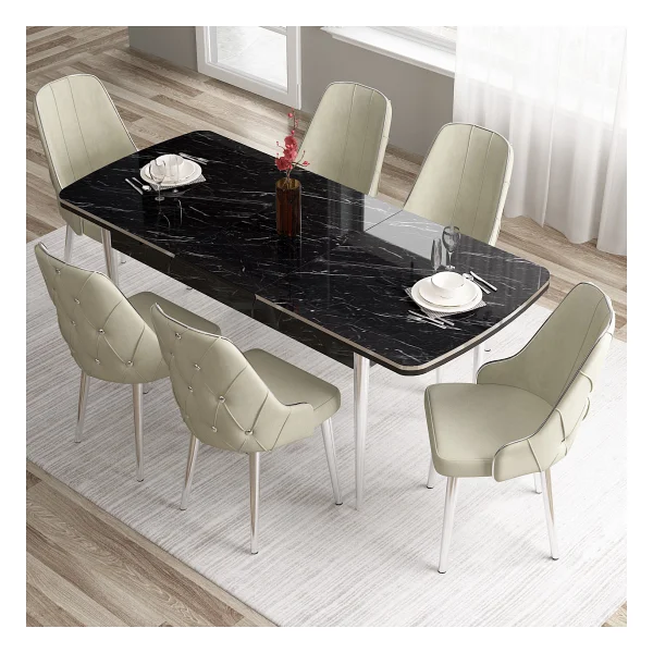 Canisa Concept Tia Serisi, Siyah Mermer Desen 80X132 Açılabilir Mdf Yemek Odası Takımı 6 Sandalye Gümüş Detay - Krem - Görsel 2