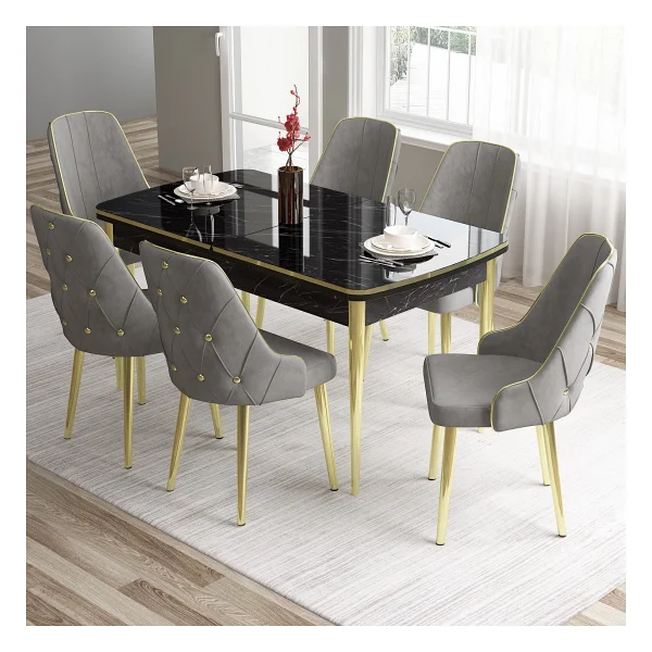 Canisa Concept Tia Serisi, Siyah Mermer Desen 80X132 Açılabilir Mdf Yemek Odası Takımı 6 Sandalye Gold Detay - Mürdüm - Görsel 10