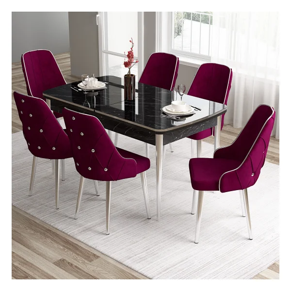 Canisa Concept Tia Serisi, Siyah Mermer Desen 80X132 Açılabilir Mdf Yemek Odası Takımı 6 Sandalye Gümüş Detay - Görsel 9