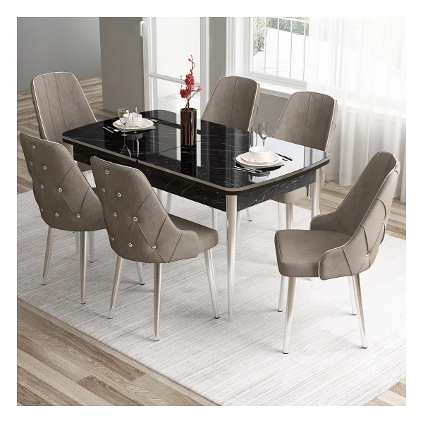Canisa Concept Tia Serisi, Siyah Mermer Desen 80X132 Açılabilir Mdf Yemek Odası Takımı 6 Sandalye Gümüş Detay - Görsel 10