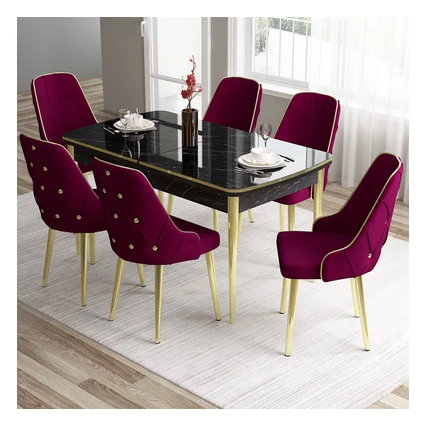 Canisa Concept Tia Serisi, Siyah Mermer Desen 80X132 Açılabilir Mdf Yemek Odası Takımı 6 Sandalye Gold Detay - Mürdüm - Görsel 8