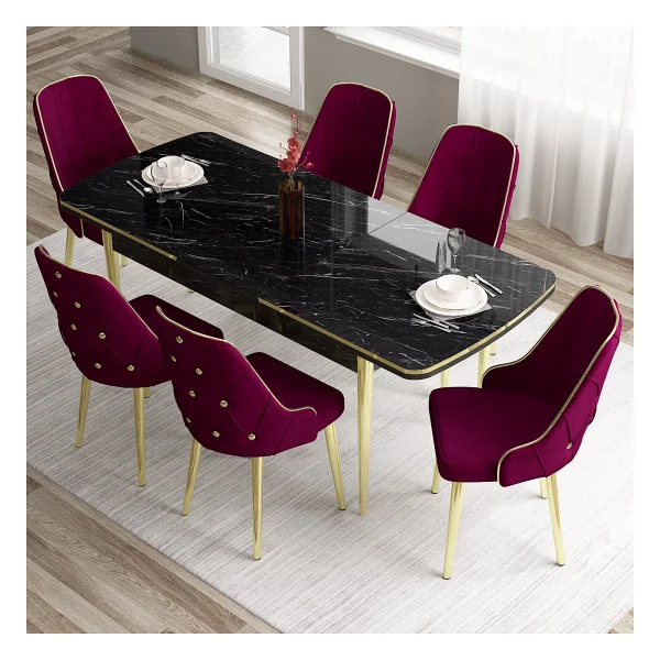 Canisa Concept Tia Serisi, Siyah Mermer Desen 80X132 Açılabilir Mdf Yemek Odası Takımı 6 Sandalye Gold Detay - Mürdüm - Görsel 2