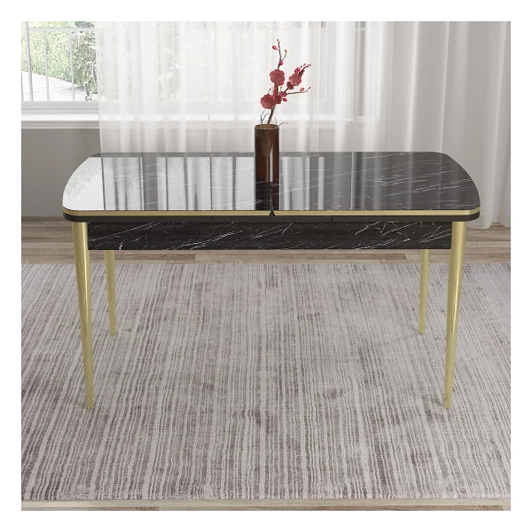 Canisa Concept Tia Serisi, Siyah Mermer Desen 80X132 Açılabilir Mdf Yemek Odası Takımı 6 Sandalye Gold Detay - Mürdüm - Görsel 3