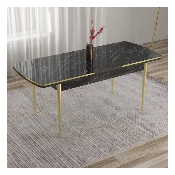 Canisa Concept Tia Serisi, Siyah Mermer Desen 80X132 Açılabilir Mdf Yemek Odası Takımı 6 Sandalye Gold Detay - Mürdüm - Görsel 4