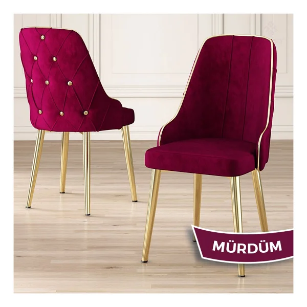 Canisa Concept Tia Serisi, Siyah Mermer Desen 80X132 Açılabilir Mdf Yemek Odası Takımı 6 Sandalye Gold Detay - Mürdüm - Görsel 5