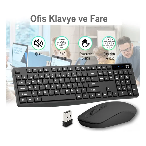 SC601 Kablosuz Klavye Mouse Set Siyah USB Türkçe Q Ofis Klavye Fare - Görsel 6