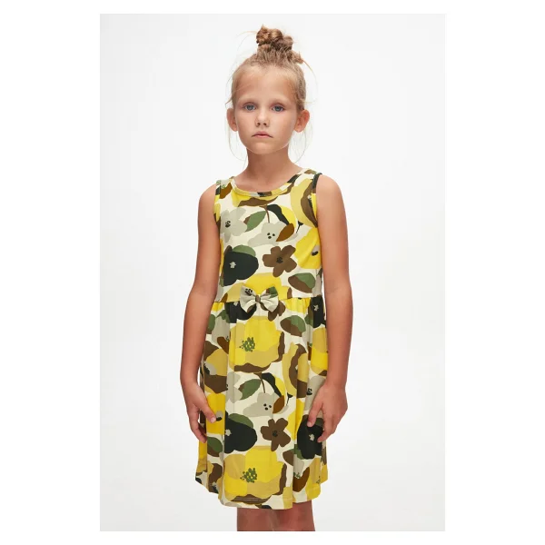 Açık Yeşil Retro Flowers Kız Çocuk Desenli Kolsuz Elbise - Görsel 2