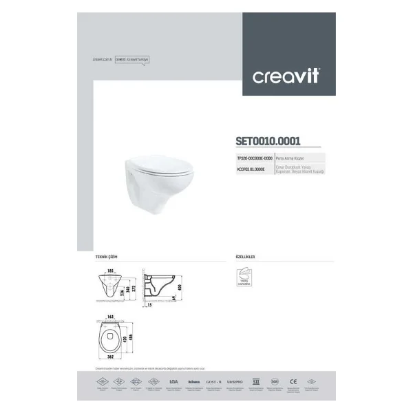 Creavit Perla Asma Klozet Çınar Duroplast Klozet Kapağı Beyaz - Set - Görsel 6