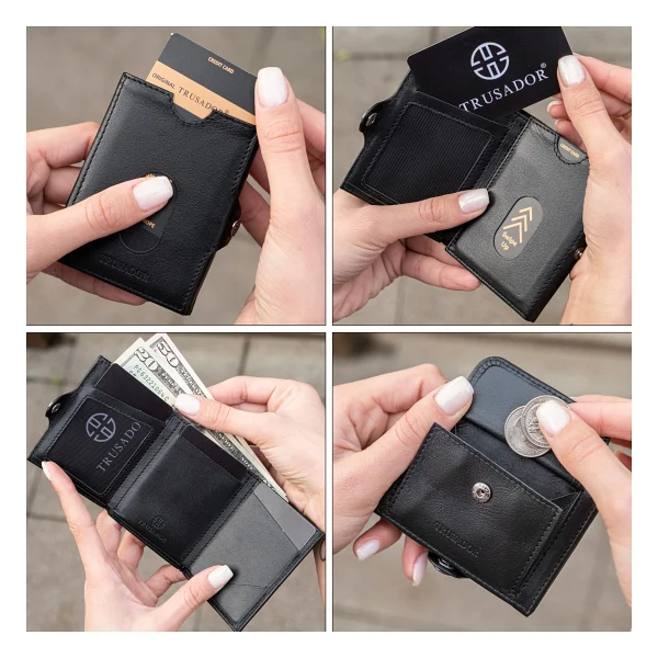 Trusador Valencia Siyah Bozuk Paralık Cepli Unisex Hakiki Deri Rfid Korumalı Erkek Kadın Mini Cüzdan Hediye - Görsel 3
