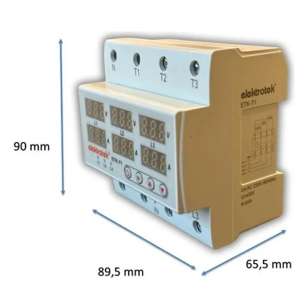 Elektrotek ETK-T1 Trifaze 3 Faz Gerilim Voltaj Akım Koruma Rölesi 63A Ayarlanabilir CE 5 Yıl Garanti - Beyaz - Görsel 3
