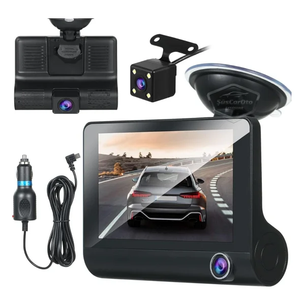 3 Kameralı Kayıt Cihazı İç Ön Arka Geri Görüş Kameralı Monitör 4.0" 1080P Full Hd Kayıt Çarpışma Algılayıcı Sensörlü Gece Görüşlü Park Sensörü Sesli Yol Kayıt - Görsel 2