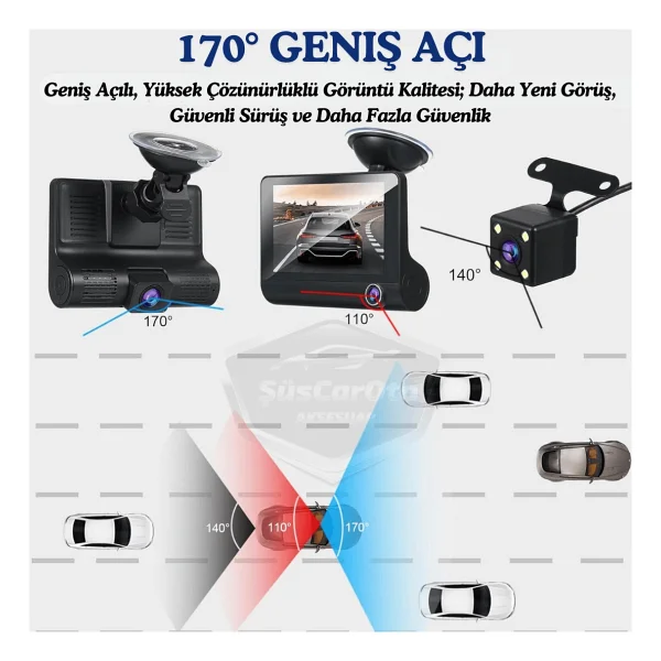 3 Kameralı Kayıt Cihazı İç Ön Arka Geri Görüş Kameralı Monitör 4.0" 1080P Full Hd Kayıt Çarpışma Algılayıcı Sensörlü Gece Görüşlü Park Sensörü Sesli Yol Kayıt - Görsel 3