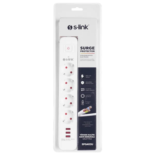 S-link SPG403U USB'li 750 J Anahtarlı 1.5 m 4'lü Akım Korumalı Priz - Görsel 8