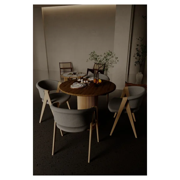 Moka Park AVM Özel Tasarım Yuvarlak Modern Ahşap Ayaklı 4 Kişilik Şık Yemek Masası Mutfak Masası - Ceviz - Görsel 3