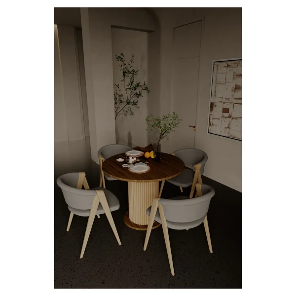 Moka Park AVM Özel Tasarım Yuvarlak Modern Ahşap Ayaklı 4 Kişilik Şık Yemek Masası Mutfak Masası - Ceviz - Görsel 4