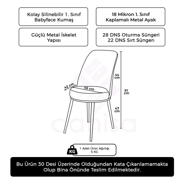 Canisa Pefa Serisi 1 Adet Krem Mutfak Sandalyesi Krom Kaplama Metal Ayak Babyface Kumaş - Görsel 3
