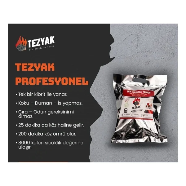 Tezyak Profesyonel Tek Kibritle Yanan Yeni Nesil Mangal Kömürü (2 Kg) - Siyah - 1 Adet - Görsel 2