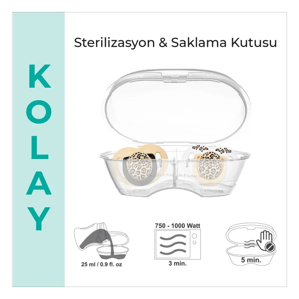 Mamajoo Sterilizasyon & Saklama Kutulu Bej Leopar Desenli 2'li 0 Ay+ Silikon Emzik - Görsel 6