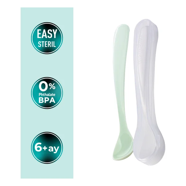 Mamajoo Ergonomik Beslenme Kaşık Seti Powder Green & Beyaz, 6 Ay+ İkili - Saklama Kabı Hediyeli - Açık Yeşil - Beyaz - Görsel 2