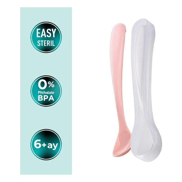 Mamajoo Ergonomik Beslenme Kaşık Seti Powder Pink & Beyaz, 6 Ay+ İkili - Saklama Kabı Hediyeli - Açık Pembe - Beyaz - Görsel 2