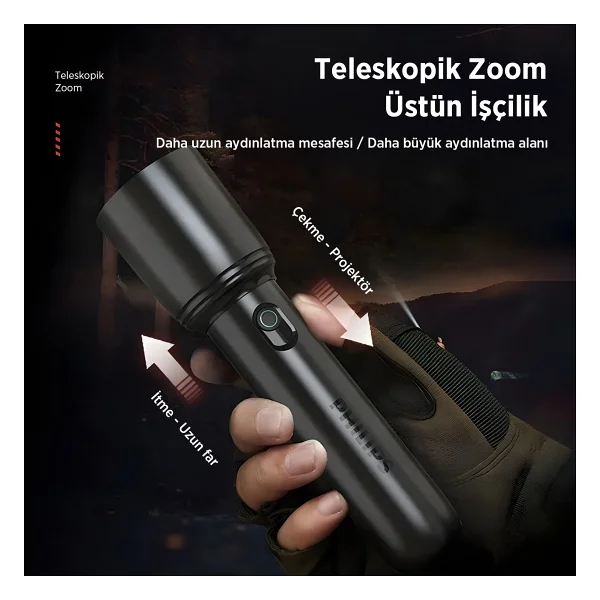 Philips SFL1403 400 Lümen 5W Led El Feneri Teleskopik Zoom Sos Modlu Şarj Edilebilir Uzun Menzilli Flashlight - Görsel 3
