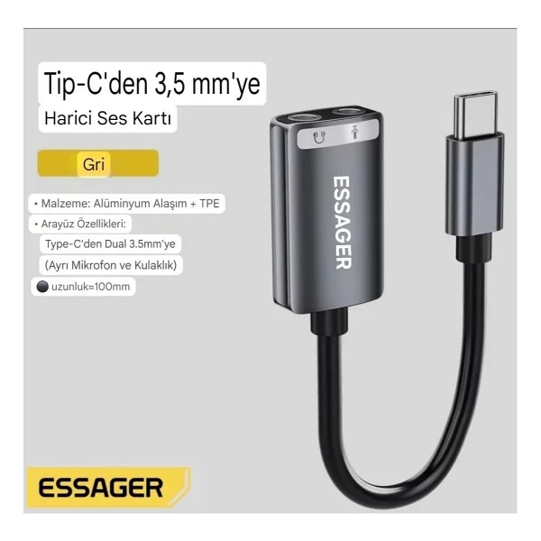 Essager Type-C To 3.5mm Harici Ses Kartı Çift Giriş CE/FC/ROHS Lisanslı Mikrofon/Kulaklık/Hoparlör Ses Ara Birimi Orjinal - Görsel 2