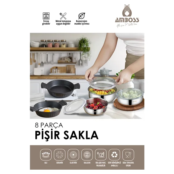 Amboss Tor Pişir Sakla 8 Parça Saklama Kabı ve Çelik Tencere Seti - Görsel 5