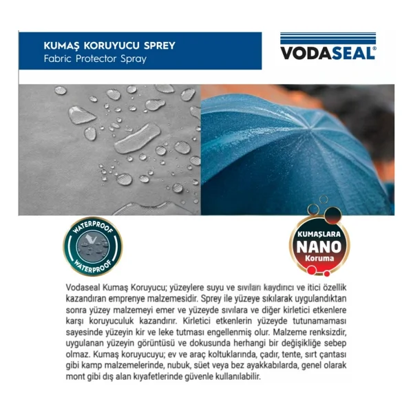 Vodaseal Kumaş Koruyucu Sprey, Çok Amaçlı Su Kaydırma Özellikli Sprey, 200 ml - 1 Adet - Görsel 3