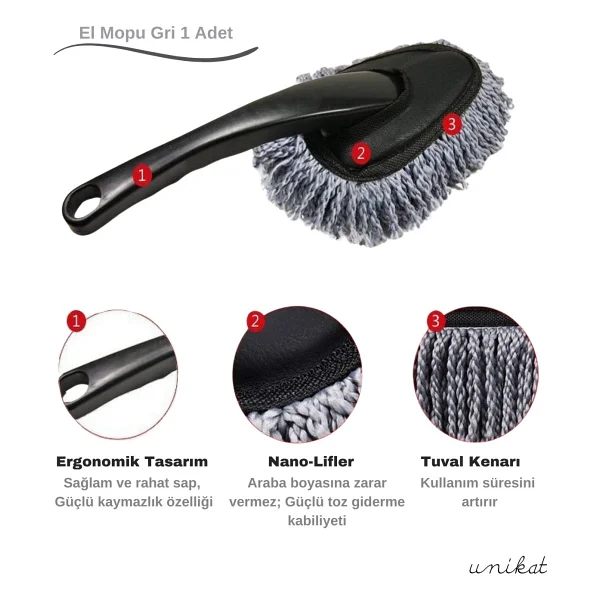 Makarna El Mopu Mini Mikrofiber Toz Alma ve Islak-Kuru Temizleme Fırçası 1 Adet Gri - Görsel 4