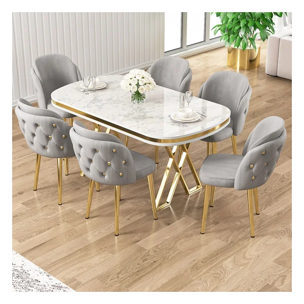 Canisa Zae Serisi 90 x 168 Lak Panel Beyaz Mermer Desen Gold Ayak Masa Takımı 6 Gri Sandalye - Görsel 5