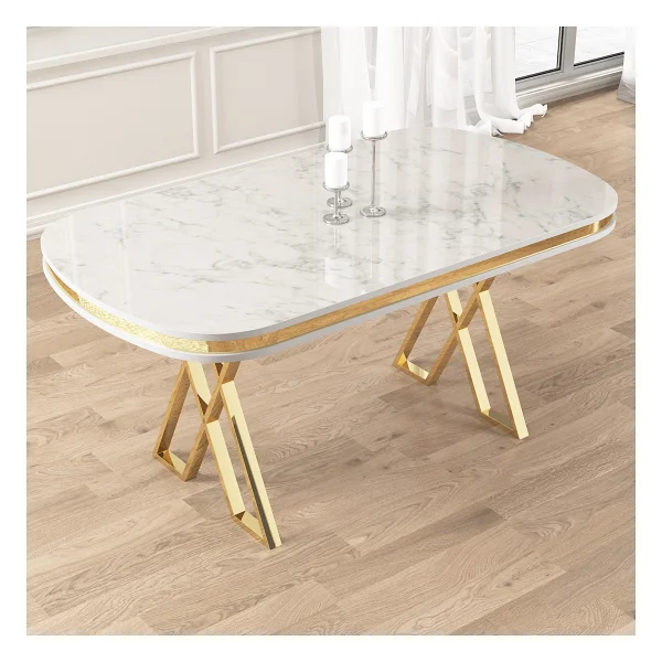 Canisa Zae Serisi 90 x 168 Lak Panel Beyaz Mermer Desen Gold Ayak Masa Takımı 6 Gri Sandalye - Görsel 2