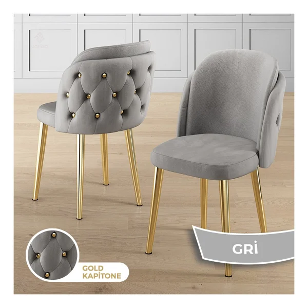 Canisa Zae Serisi 90 x 168 Lak Panel Beyaz Mermer Desen Gold Ayak Masa Takımı 6 Gri Sandalye - Görsel 3