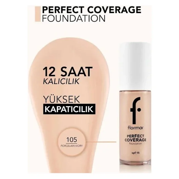 Flormar Perfect Coverage Yarı Parlak Bitişli SPF 15 100 Light Ivory 30 ml Likit Fondöten - Görsel 3