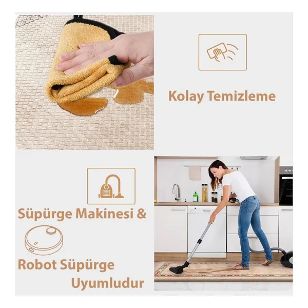 Valerine Life Papatyalı Krem Rengi Mutfak Matı Halısı Yıkanır Kaymaz Taban Tezgah Önü Paspası Ikili Set - Siyah - Görsel 5