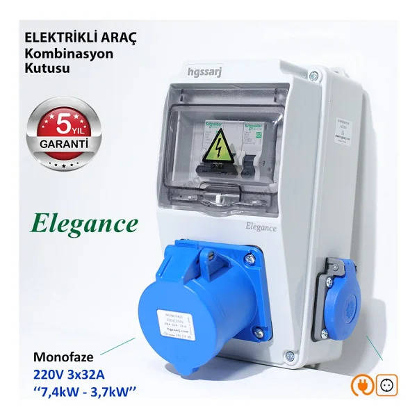 Hgsşarj "Elegance" 7,4kW Monofaze 3X32A + 1X16A Elektrikli Araç Kombinasyon Kutusu Tesla Mavi Adaptöre Uyumlu Schneider Marka Sigorta Grubu - Görsel 7