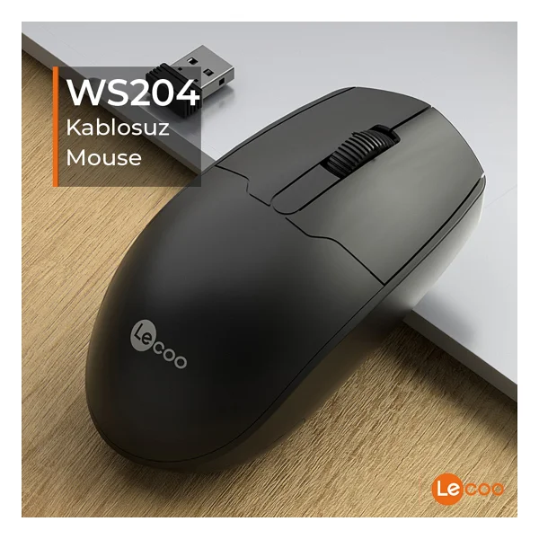 Lenovo Lecoo WS204 Siyah Ergonomik Optik Kablosuz Mouse - Görsel 6