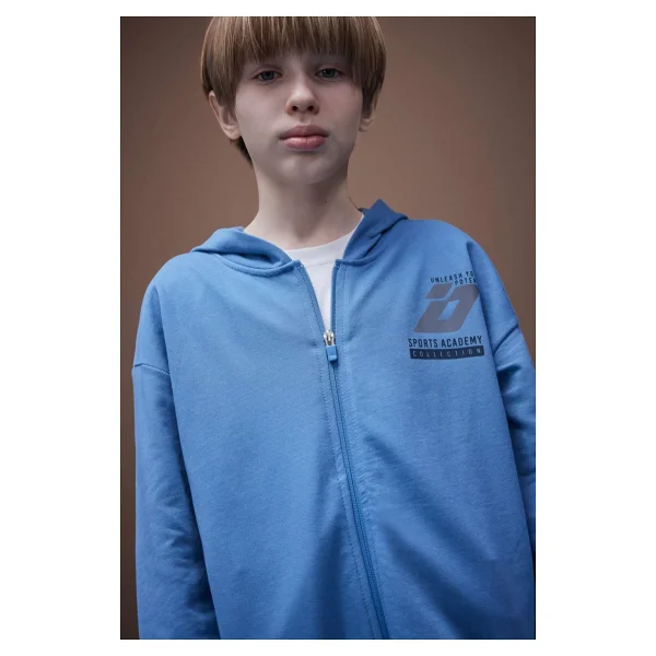 DeFacto %100 Pamuk Baskılı Kapüşonlu Fermuarlı Sweatshirt Erkek Çocuk D8536A825SP - İndigo-IN195 - 9 - 10 Yaş - Görsel 3