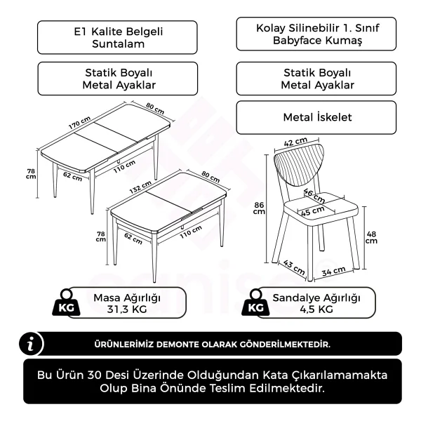 Canisa Exve Serisi 80 x 132 Açılabilir Barok Ahşap Desen Masa Takımı ve 6 Gri Sandalye - Görsel 5