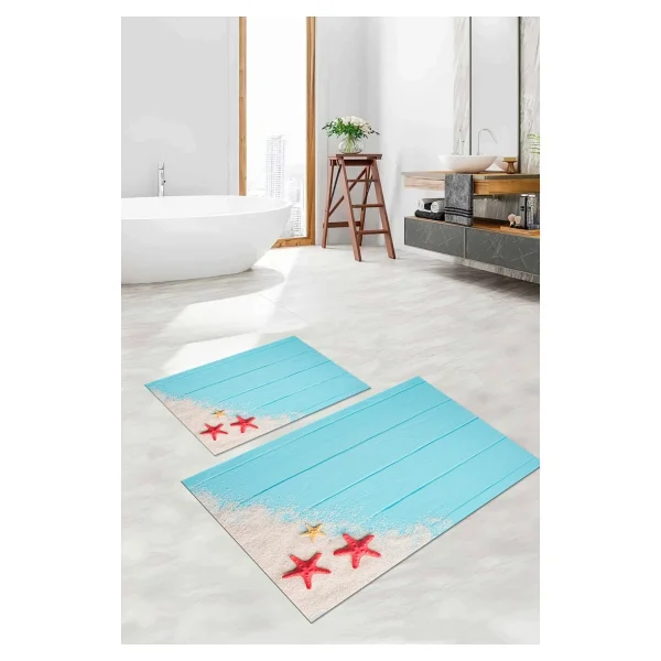 Napoli Home Dijital Baskılı Yıkanabilir Modern Deniz Yıldızı Banyo Paspası Klozet Takımı, Klozet-72-Turkuaz, - Görsel 3