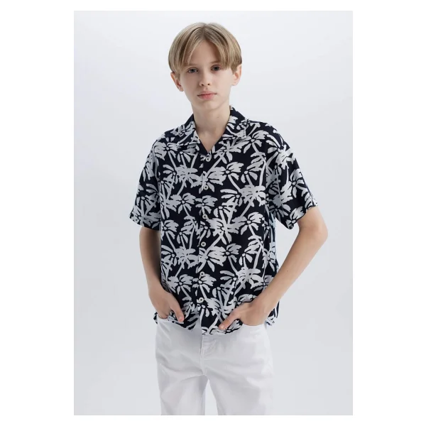 DeFacto Oversize Geniş Kalıp Polo Yaka Desenli Kısa Kollu Gömlek Erkek Çocuk E2969A825SM - Lacivert-NV146 - 13 - 14 Yaş - Görsel 3