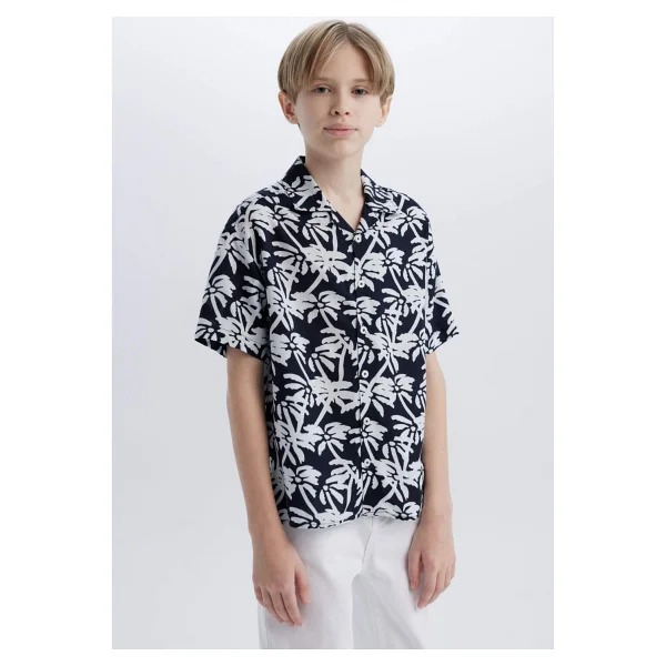 DeFacto Oversize Geniş Kalıp Polo Yaka Desenli Kısa Kollu Gömlek Erkek Çocuk E2969A825SM - Lacivert-NV146 - 13 - 14 Yaş - Görsel 4