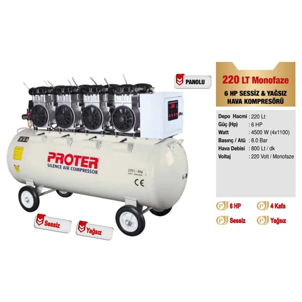Proter 220 Lt 6 Hp Sessiz&yağsız Hava Kompresörü - Görsel 2