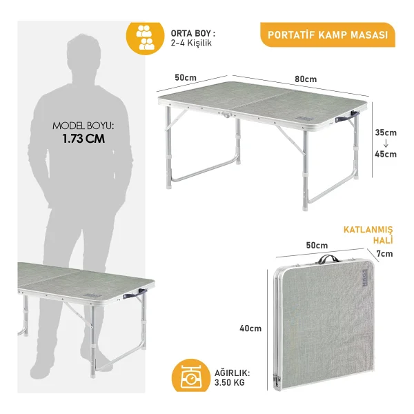 Haegs Portatif Kamp Masası, 2 Yükseklik Ayarlı, Katlanır Alüminyum Piknik Masası 80X50 Kumaş Desenli - 90x50 cm - Görsel 2