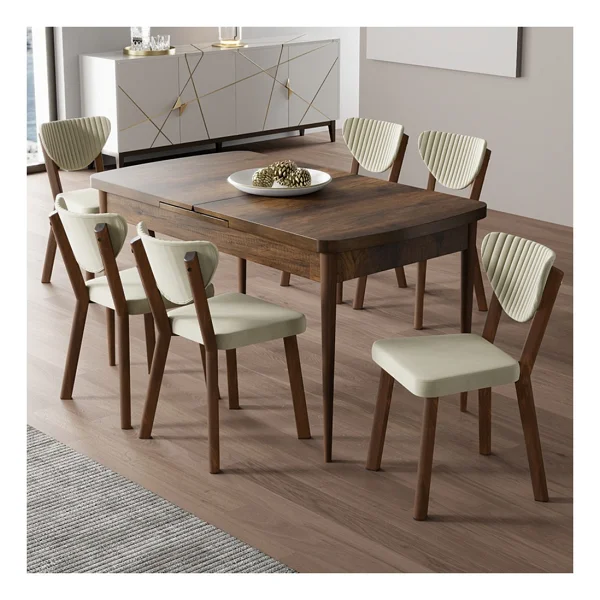 Canisa Exve Serisi 80 x 132 Açılabilir Barok Ahşap Desen Masa Takımı ve 6 Gri Sandalye - Görsel 9