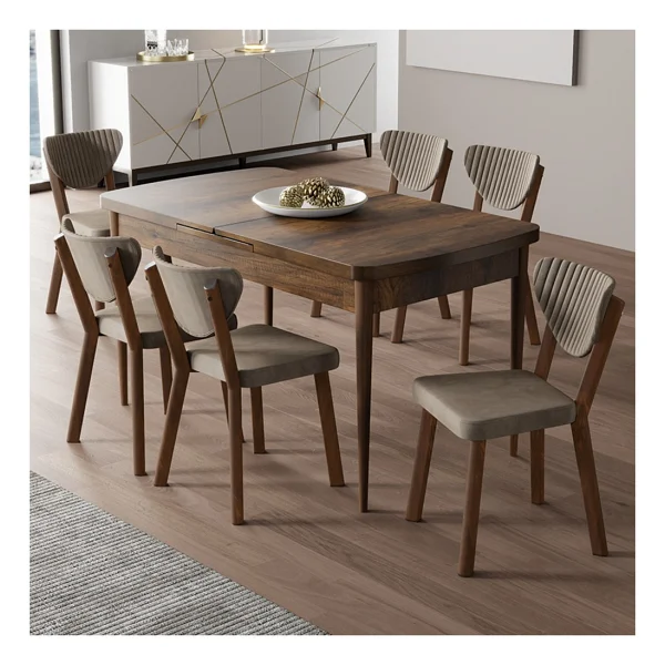 Canisa Exve Serisi 80 x 132 Açılabilir Barok Ahşap Desen Masa Takımı ve 6 Gri Sandalye - Görsel 7